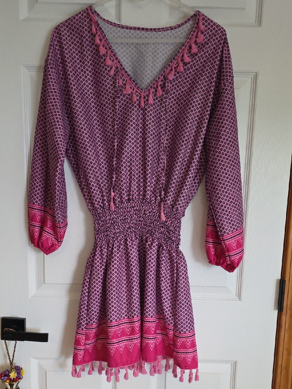 Pink Patterned V-Neck Smocked Cover-up/Dress
